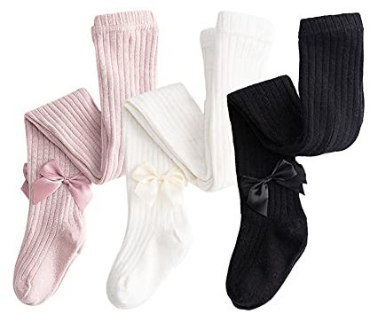 Dsaren 3 Paires Collants Coton Fille Respirant Thermiques Chaussettes Tricotées Jambières Bébé (blanc, noir, rose, L (2-3 ans))