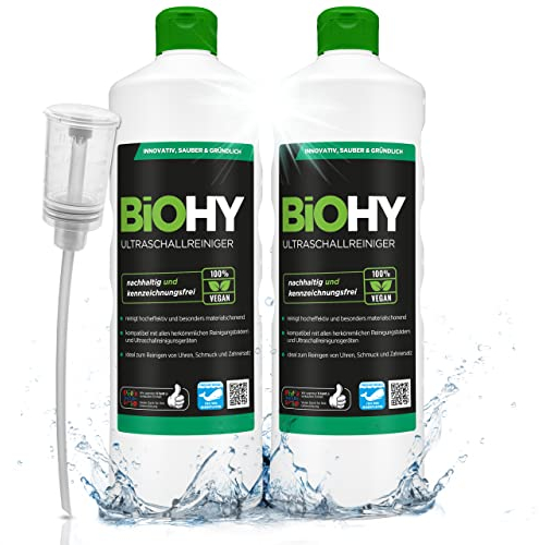 BiOHY Ultraschallreiniger (2 x 1 liter) + Dosierer | intensive und materialschonende Reinigung von Dentalprodukten, Gold, Münzen und Schmuck | KONZENTRAT für Ultraschallbad | streifenfreier Glanz