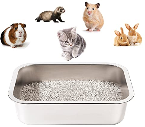 Yangbaga Edelstahl Katzentoilette für Kätzchen, 10cm Höhe Einfach gehen, Geruchskontrolle, Antihaft, leicht zu reinigen, Toillete für Kaninchen, Frettchen, Meerschweinchen und Hamster (40 x 30 x 10cm)