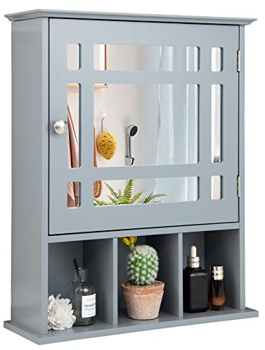 COSTWAY Mirror Door Cabinet, Wall Mounted Display Shelving Unit with Adjustable Shelf and 3 Compartments, Home Office Living Room Bathroom Organiser Storage Cupboard (Grey)