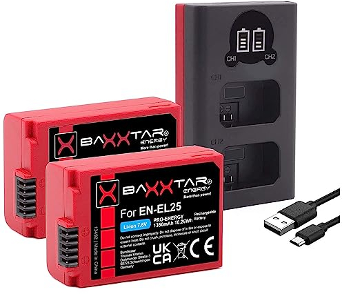 Baxxtar Pro (2X) Akku EN-EL25 (1350mAh) mit aktivem NTC Sensor - Mini LCD Dual Charger (USB-C/MicroUSB) kompatibel mit Nikon Z30 Z50 Z FC