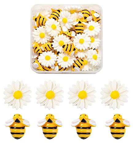 BEEFLYING 50 Stück Bienen-Gänseblümchen, Kunstharz-Cabochons, flache Rückseite, Verzierungsaufkleber für Kuchendekorationen, Scrapbooking, Bastelbedarf