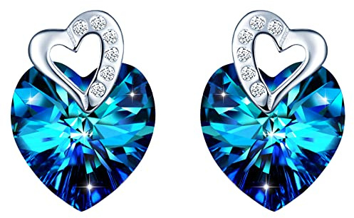 INFINIONLY Pendientes de corazón de cristal para mujer y niña, Pendientes de plata 925, Pendientes de cristal azul, Decorado con mini corazón, Circón con incrustaciones