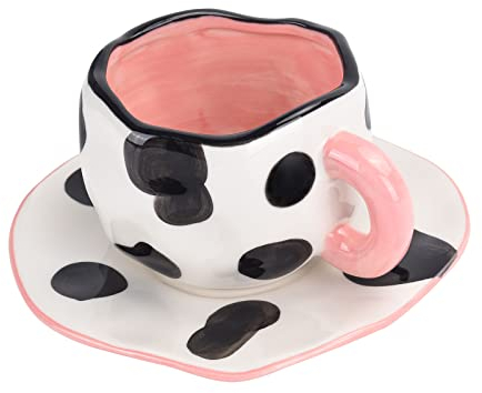 Koythin Kuh-Tasse, Keramik-Kaffeetasse mit Untertasse, niedliches Tasse, einzigartiges unregelmäßiges Design für Büro und Zuhause, spülmaschinen- und mikrowellengeeignet, 350 ml für Latte Tee, Milch