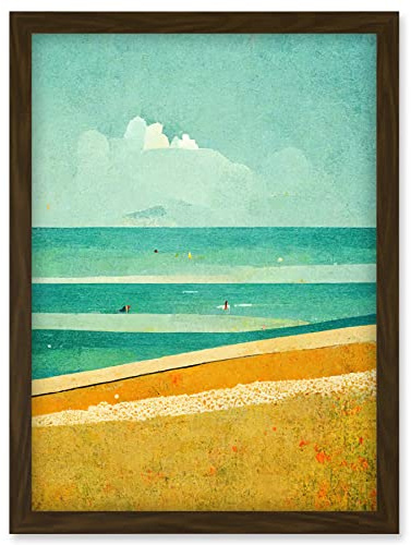 Doppelganger33 LTD Calm Sandy Beach Summer Scene In Ochre And Teal Minimalist Artwork Framed Wall Art Print A4