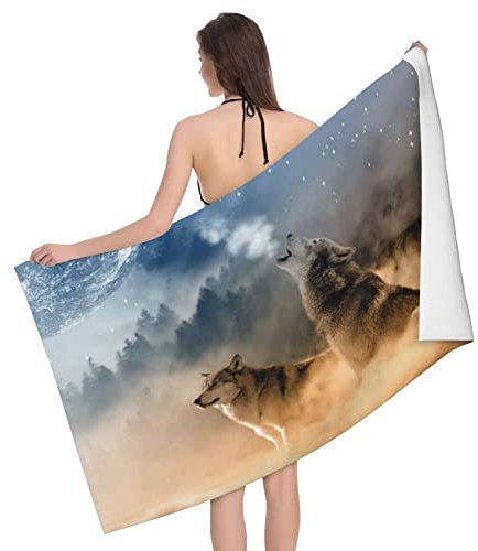 Wolf bedruckte Mikrofaser-Badetücher – weich und saugfähig, leicht, schnell trocknend und übergroß