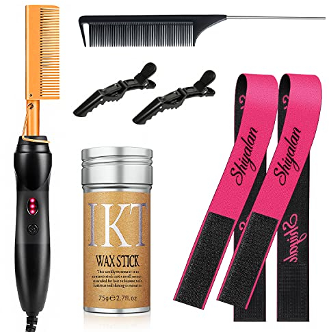 Juego de peine caliente de 7 piezas, plancha de pelo eléctrica que presiona el peine para cabello negro, juego de peine caliente con peluca de cera, cinta de encaje, peine de cola de consejo y clips