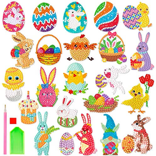 WEVOL Diamond Painting Sticker für Kinder, 22 Stück Ostern 5D Diamant Painting Klein Bilder, DIY Diamant Malere Kits für Kinder Mädchen Junge Anfänger, Diamant Aufkleber Hase Osterei für Ostergeschenk