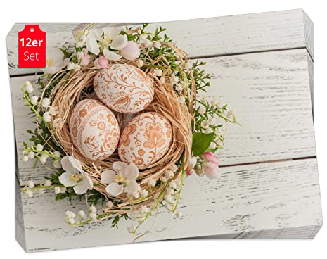 Tischset, Platzset - Osternest mit verzierten Ostereiern - 12 Stück Made in Germany, 44x32cm aus speziellem Naturpapier in Aufbewahrungsmappe – die besondere Tischdeko für Frühling, Ostern & Blumen