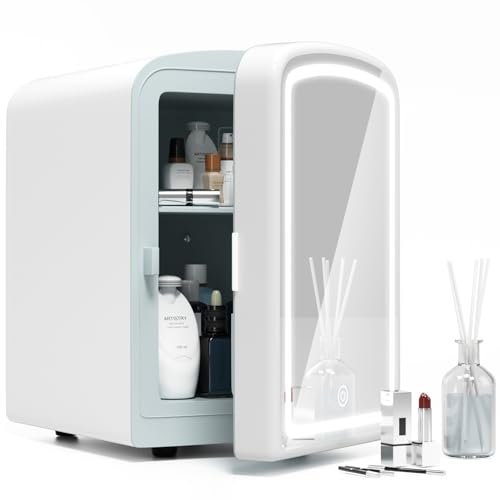 COYCYQI Mini Refrigerator for Skincare, 4L Portable Small Fridge with Dimmable LED Mirror, Hot or Cold Personal Beauty Fridge for Bedroom, Office, Car,