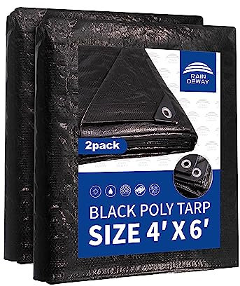 Kleine schwarze Abdeckplane, 122 x 180 cm, UV-beständig, 8 mm, Mehrzweck-Plane mit Metallösen und verstärkten Kanten, 2 Stück RAINDEWAY