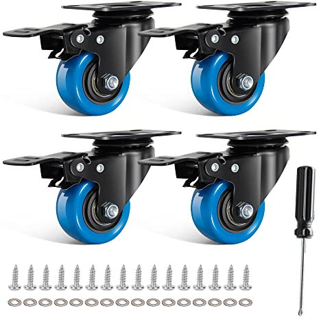 IQWTU 50MM Furniture Castors Heavy Duty Castor Wheels with Brakes, Double Bearing PU Trolley Wheels Rubber Swivel Castor, 4 Industrial Plate Casters Capacity 300KG
