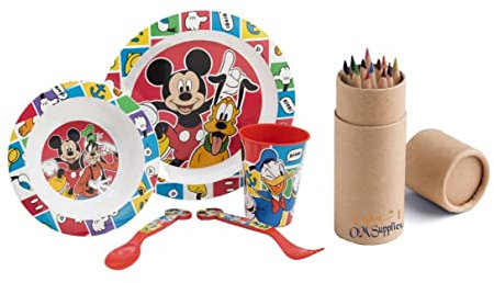 Mickey Cartoon Character Dinner Tableware Set 5pcs Plate, Bowl, Cup & Cutlery, BPA Free re-usable Plastic Microwave Safe Includes Half Size 12pcs Pencil Set (Mickey)