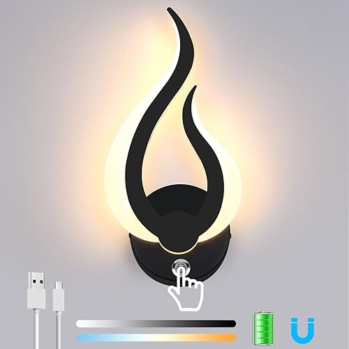 Lightess Lampada da Parete Batteria Ricaricabile, LED Applique da Parete Interno Temperatura di Luce e Colore Regolabili, Senza Fili con Interruttore USB Moderna Lampada da Parete per Camere (Nero)