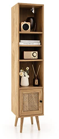 COSTWAY Hochschrank Rattan, Badzimmerschrank mit 4 Ablagen, Holzbeine und Rattantür, Kommode schmal, Bücherregal Boho Holzschrank 29,5 x 29,5 x 137cm (braun)
