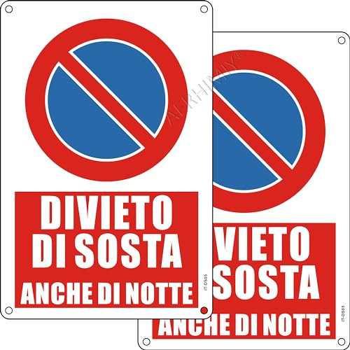 Cartello Divieto di Sosta Anche di Notte Alluminio Riflettente 20x30 cm, 2 Pezzi Cartello Divieto di Sosta Metallo Protezione UV, Impermeabile, Antiruggine, Con fori