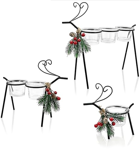 Toptime Teelichthalter Weihnachten, 3 Sets Rentier Formen Kerzenhalter Glas für Tischdeko, Kerzenständer Schwarz Metall mit Stechpalme, Teelichtgläser Weihnachten Deko für Neujahr, Feiertag, Party
