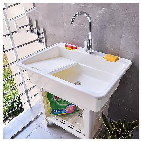Fregadero De Plástico Independiente Para Lavandería, Fregadero Para Uso Interior Y Exterior Con Grifo De Agua Fría Y Caliente, Lavabo Para Limpieza De Baño, Piscina, Fregadero Para Recipiente Inclinad