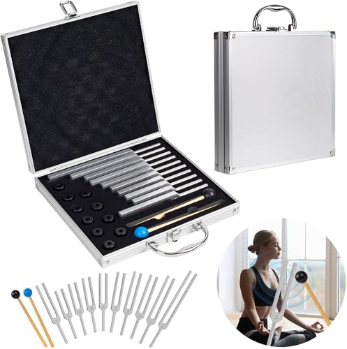RATSTONE Stimmgabel,Stimmgabel Neurologie, 10er Set mit Sockel + 2 Silikonhämmer und Reinigungstücher, Ideale Stimmgabeln für Heilung, Chakrenheilung, Klangheilung, Anti-Kompression.