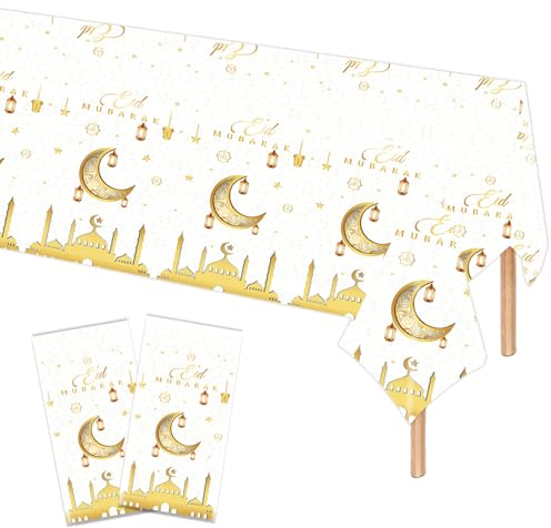 POPOYU 2 Stück Ramadan Tischdecke Weißgold,137cmx274cm Große Eid Ramadan Mubarak Tischdecke,Ramadan Table Cover,Ramadan deko tischdecke für Mubarak,Islam,muslimische Party