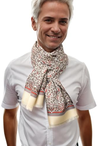 Prettystern Herren langer elegant 2-lagig klassisch business festlich reine Seide Schal kurze Fransen Hellbeige Paisley AB07