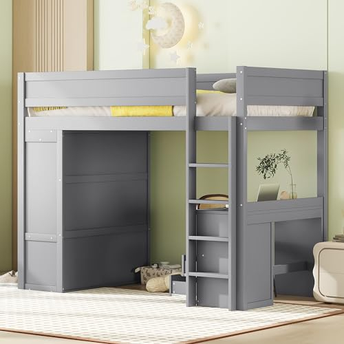 Moimhear 90x200cm Hochbett, vielseitiges Kinderbett, ausgestattet mit Kleiderschrank, Schreibtisch und Schubladen (Grau)