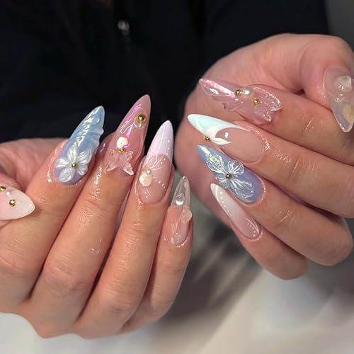 Faux Ongles Court MouyouGlow,Amande Rose Bleu Violet French 3D Papillon Fleurs Perle Cute Coquette Press on Nails avec Colle à Ongles,Y2K Flowers Butterfly Nude Pink Fake Nails