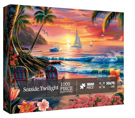 Summer Beach Ocean Puzzle 1000 Piece for Adults, Hawaii Nature Sunset Scenery Jigsaw Puzzle, Outdoor Camping Sailboat Puzzle