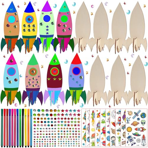 FZYESNO Rakete Holz Bastelset, 246 Raketen Spielzeug für Kinder, Kindergeburtstag Basteln, mit 202 Strasssteine, 30 Holz, 12 Aquarellstift, 2 Aufkleber, Weltraum Kindergeburtstag für 4-12 Jahren