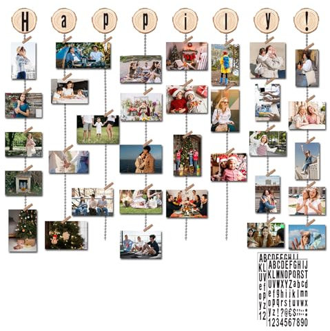 Rebanky 8 Pièces Cadre Photo Collage Mural Cadre Photo Mural Pele Mele Cadre Porte Photo Pince Mural Porte Photo Pince avec 8 Tranches de Bois Naturel 8 Longue Chaîne de Perles + 40 Clips en Bois
