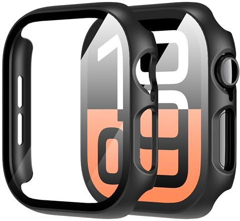 Diruite 2 Piezas Funda para Apple Watch Series 10 46mm Protector Pantalla Cristal Templado Incorporado HD Protección Completa PC Dura Estuche Case,Negro,Series 10-46mm