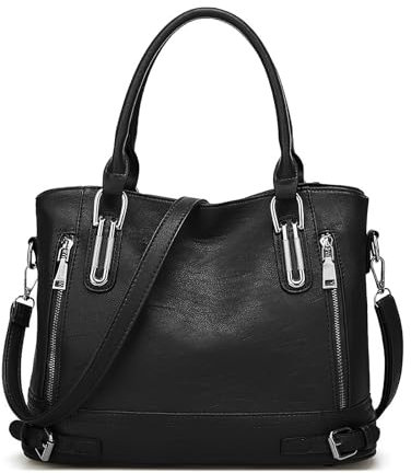 Long Keeper Leder Handtasche Damen - Tote Bag Shopper Tasche Kunstleder Handtasche Umhängetasche Groß Crossbody Damen Arbeitstasche Henkeltasche Schultertasche (Schwarz)