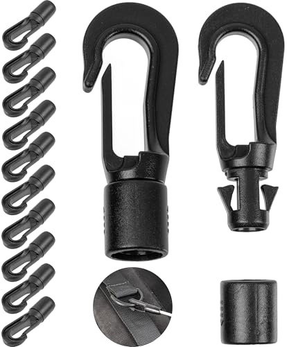 Kunststoff Karabinerhaken, 12 Stück, in Schwarz, für Ø 9-10 mm Dicke Bänder, DIY Plastikhaken für Gummiseil, Leine, Schnurband, Kordel Haken mit Stecksystem, Planenseil Spanner Gummileine Seilhaken
