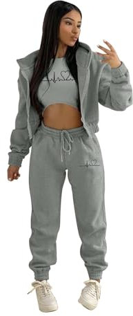 Hkdjaess Damen 2 Teilig Jogger Trainingsanzug Training Zweiteiliger Baggy Suit Tracksuits Bequeme Streatwear Mode Zweiteiler Fitnessanzug Kapuzenpullover und Sweatpants Sportanzug Sweatsuit