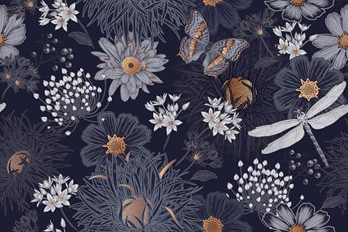 SOEWIOU Peel and Stick Wallpaper,Dark Floral Wallpaper, 44.5×300cm Waterproof Wallpaper,Cute Floral Butterflies and Dragonflies Wallpaper for Home Bedroom Cabinets and Kitchen Decorations