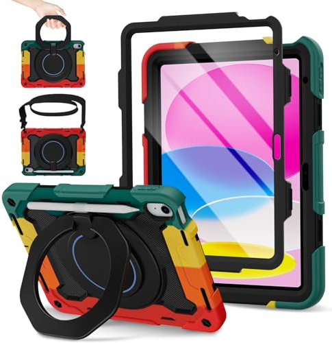 ROISKIN Case for iPad 11th/10th Generation 2025/2022 A16 (11/10.9 Inch) with HD Screen Protector, Shoulder Strap,Heavy Duty Shockproof for iPad 11 Case Kids,Pencil Holder/Rotating Stand,Black-Red