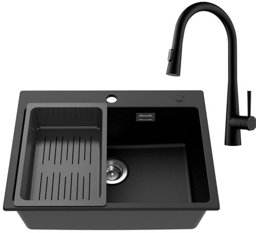 CECIPA Evier Cuisine 1 Bac 60 x 45 cm avec Robinet Cuisine Douchette, Evier Noir en Granit avec Panie de Vidange, Lavabo Cuisine pour Meubles Bas de 60 cm avec Siphon Classique et Trop-plein