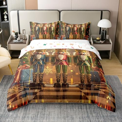 Nutcracker Xmas Duvet Cover Vintage Mid Century Bedding Set for Kids Teens Girls Room Decor Merry Christmas Comforter Cover Luxury Golden Style Quilt Cover Queeen Size,2 Pillowcases(Not Comforter)