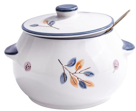 Ceramic Sugar Bowl with Lid and Spoon Porcelain Salt Contianer for Seasoning Spice 15.2 OZ Floral Motif (lh)