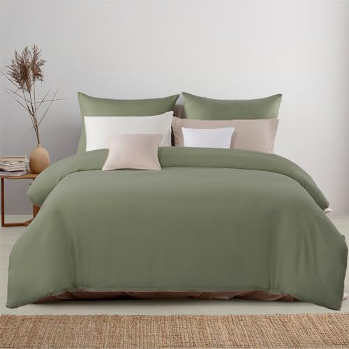 Beqnat Housse de Couette 240 x 260 cm avec 2 Taies d'oreiller 65x65 cm (Vert Sauge), Parure de Lit 2 Personnes 240x260 cm en Microfibre, Non Repassable et Infroissable avec Fermeture à Glissière