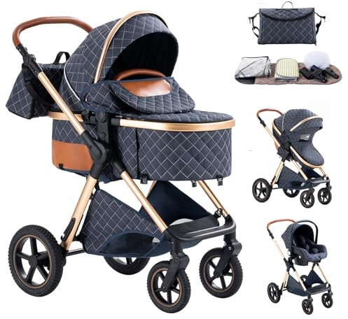 Mobayta kinderwagen 3 in 1 Kombikinderwagen für Neugeborene robustes leichtes Aluminiumgestell geeignet bis 22KG hochgestellter Kinderwagen vielseitig und praktisch Buggys (H2-BLUE, H2)