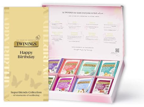 Twinings Happy Birthday Superblends Collection Gift Box | 40 Tea Bags | 8 Premium Green & Herbal Infusions | Ideal Birthday Gift for Women & Men