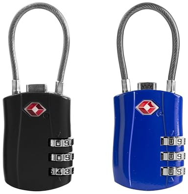 UP Security TSA Schloss Koffer Zahlenschloss 3 stellig, kleines Kabel Vorhängeschloss aus Metall, 10 cm Stahlseil für Reisegepäck, Rucksack, Spind und Handgepäck, 2er Set