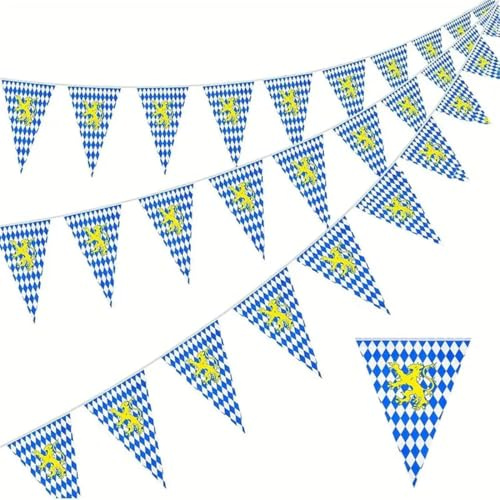 WUSJCOF 3 Stück Oktoberfest Deko Wimpelkette (30m), Dreieck Banner, Girlande Wimpel, Bayerische Party Dekoration für Garten, Bar, Bierzelte (Bayrische Blau/Weiß)