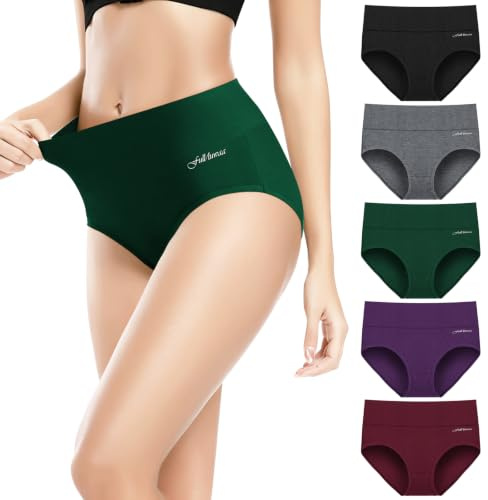 Fullluwaa Unterhosen Damen Baumwolle 5er Pack, Hohe Taille, Schlüpfer Damen | Verdeckt den Bauchbereich, Taillenslip Damen, Weich & bequem, Elastischer Bund, 100% Baumwolle im doppellagigen Schritt
