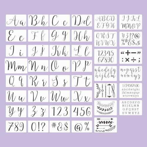 45 Stück Alphabet Malschablonen Set Wiederverwendbare Schablonen mit Buchstaben Zahlen Symbolen und Ornamenten für Kalligraphie DIY Basteln Scrapbooking Möbel Stoff und Karten