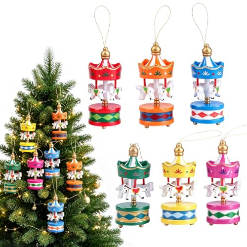 Hapivida 6 Stück Weihnachtsschmuck Karussellpferd, Mini 3 Pferds Holz Weihnachtskarussell Vintage Mini Hängenden Karussell Anhänger für Christbaumschmuck