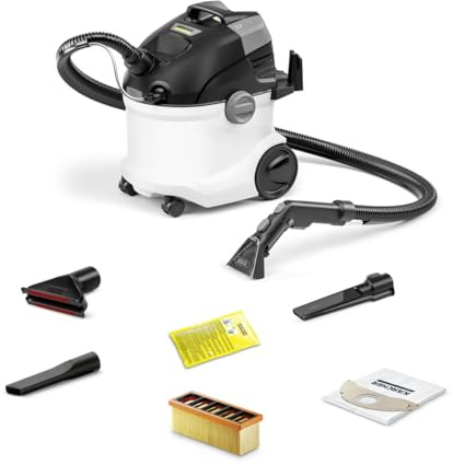 Kärcher Lava-Aspirador SE 5 Car a, Blanco, 1000W, 4L depósito, cable conexion 6m, incluye boquilla ranuras, tapicerías. filtro, bolsa filtro, detergente tapizados, manguera pulverización y aspiración