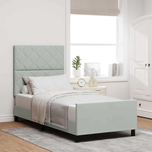sephironlbb Light Grey Box Spring Bed with Headboard 90 x 190 cm Velvet Modern Single Bed for Bedroom Adjustable Headboard Sturdy Wooden Frame