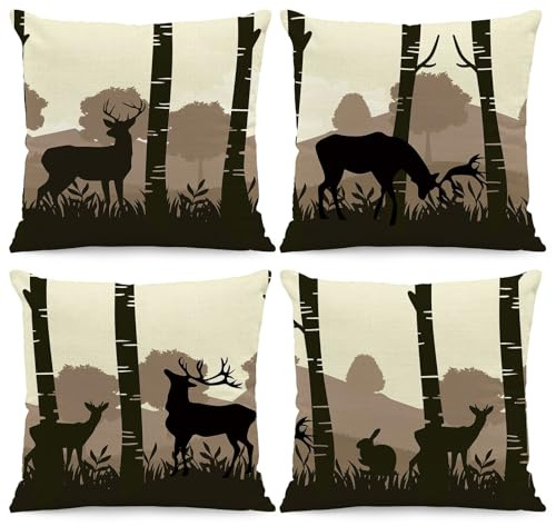 Hopomoon Kissenbezug Wald Tier Motiv 45x45 cm, Weißer Dichter Leinenstoff, Silhouette Design mit Hirsch & Hase Dekokissen für Wohnzimmer, Schlafzimmer & Landhaus Stil, Natur Deko